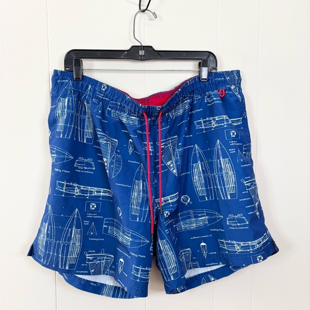 Lands End blue white printed swim trunks swim shorts size mens XL (40-42)